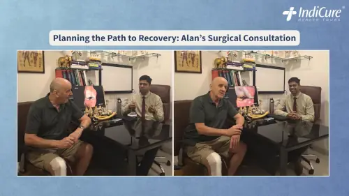 Planning a UK patient's robotic knee replacement in India: Alan Farell during a detailed pre-operative surgical consultation.